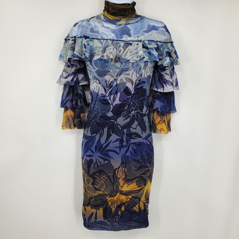 Fuzzi Floral Mesh Mock Neck Dress Blue Yellow Tiered Ruffle Sleeve‎ Italy Artsy